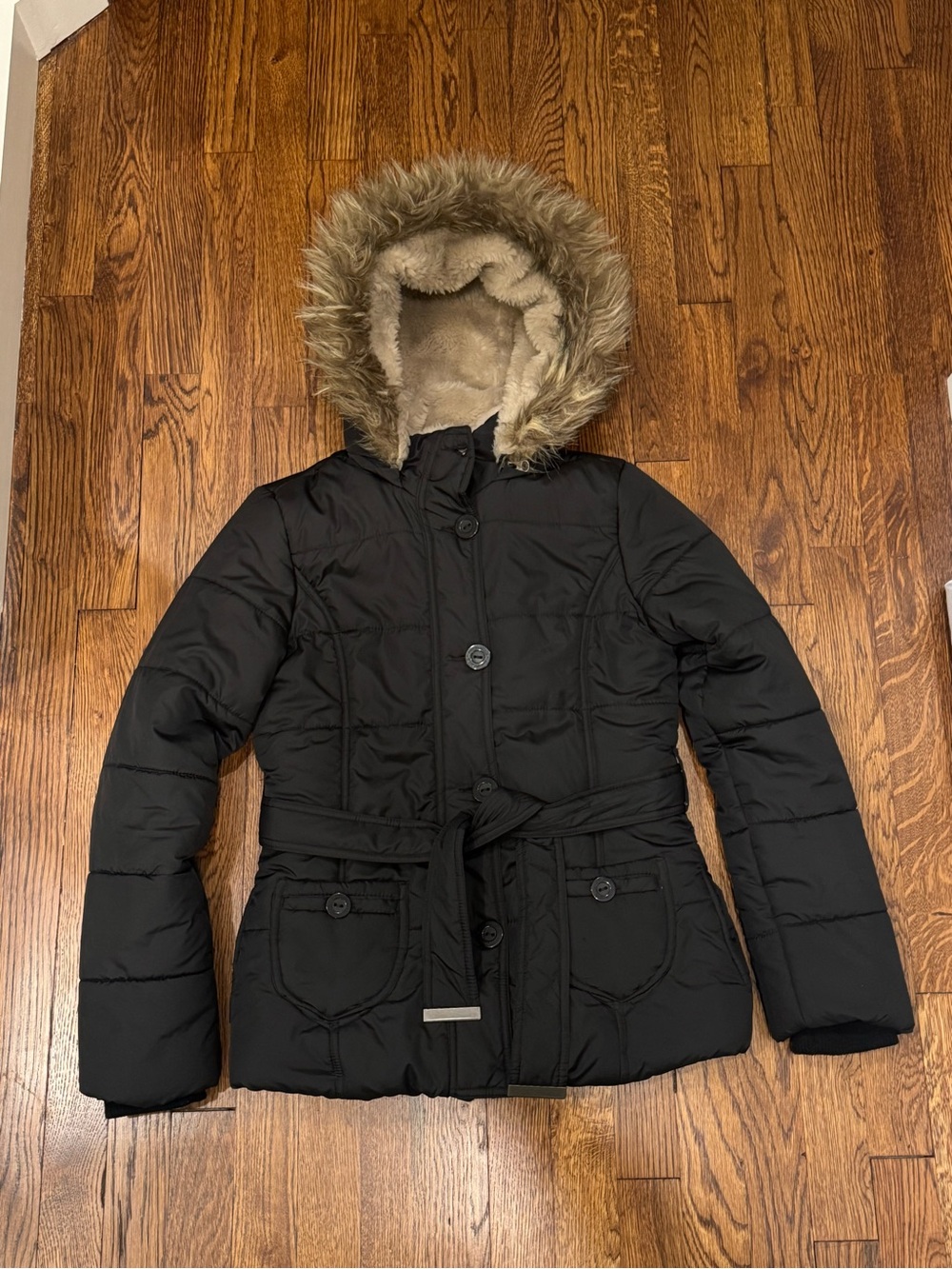 Aeropostale - Black Hooded Puffer Jacket with Faux-Fur Trim